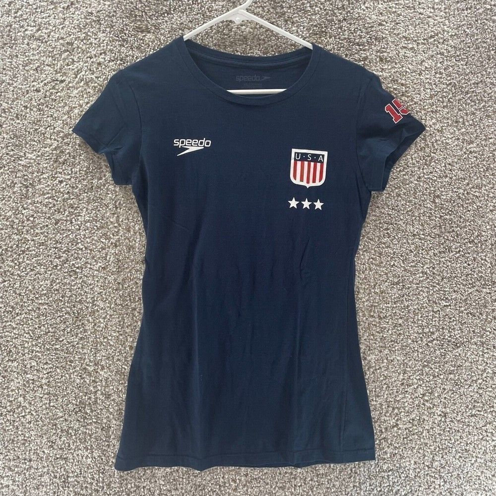 Speedo Shirt Womens Large Blue USA Swimming Kate Ziegler Cotton Casual Logo Crew
